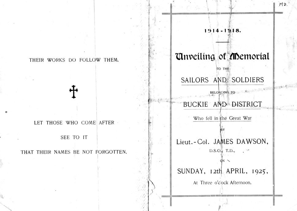 The order of service for the unveiling of the memorial on Sunday 12th April 1925, reading ‘Let those who come after see to it that their names be not forgotten’