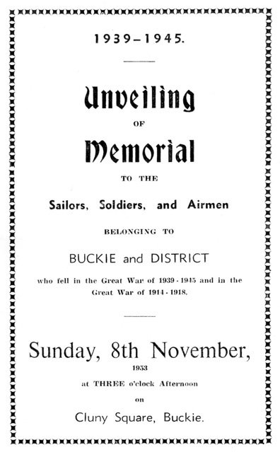 The order of service for the unveiling of the memorial to the sailors, soldiers and airmen of Buckie and district on Sunday 8th November 1953